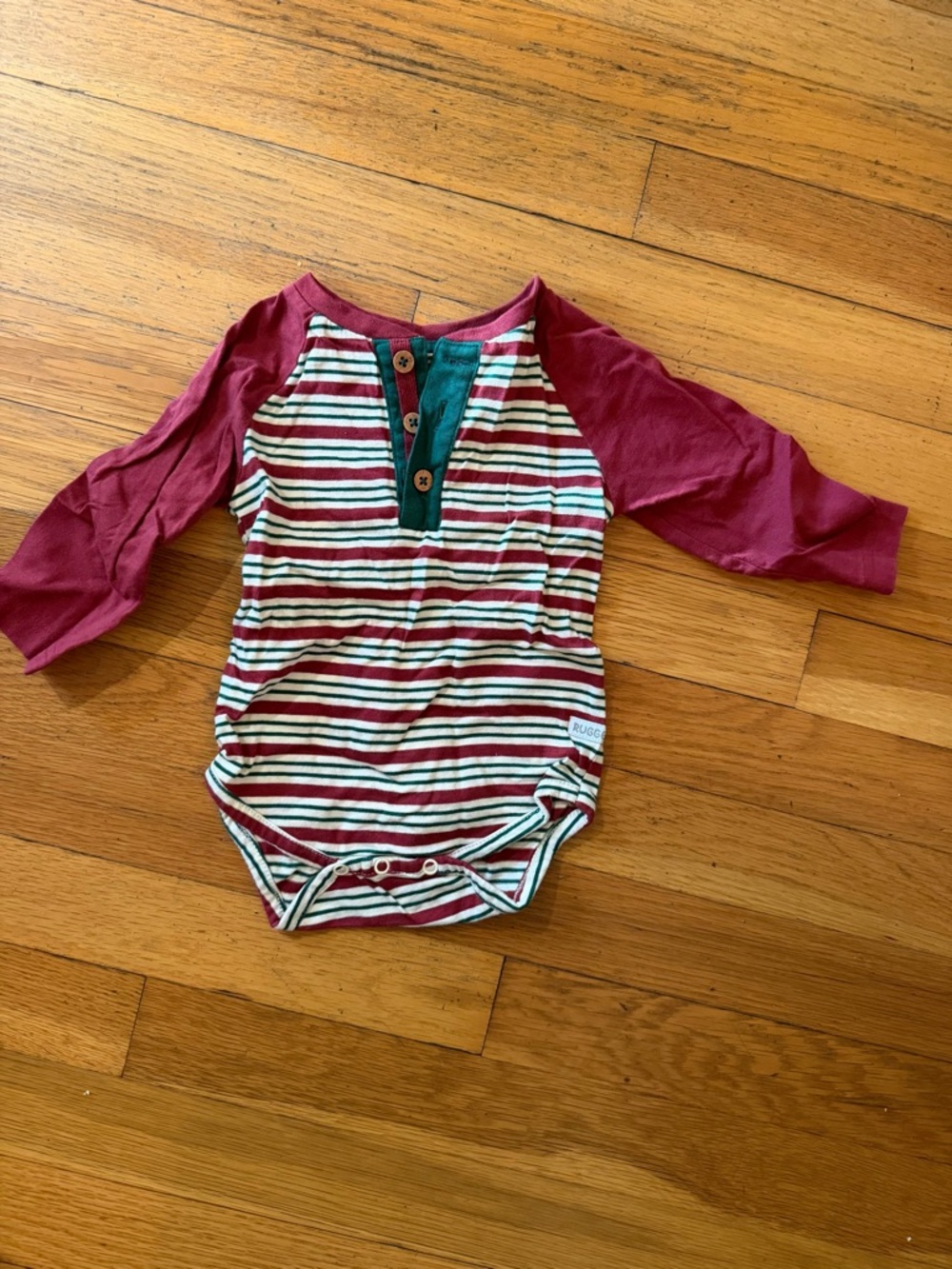 Striped Burgundy & Cream Raglan Baby Bodysuit with Teal Placket